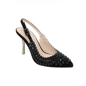 Charles David Black Rhinestone Embellished Idol Leather Slingback Pumps Womens 6
